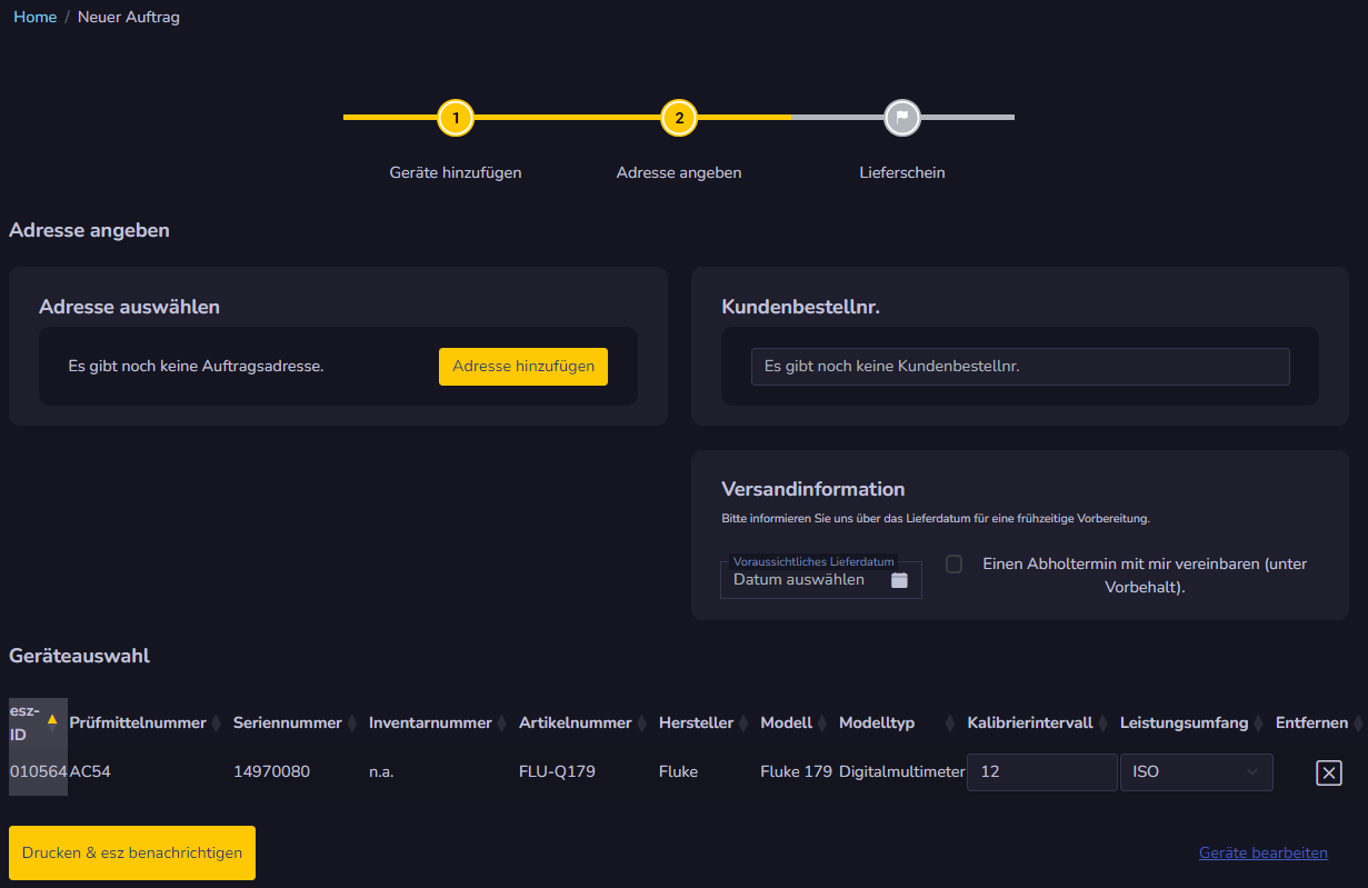 Schritt zwei zur Anlage eines Lieferscheines