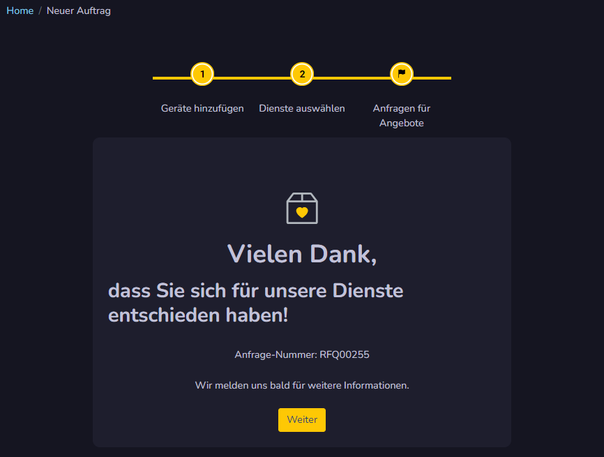 Letzter Schritt der Angebotserstellung, Anfragen für Angebote mit Anfrage-Nummer ist hier angegeben.