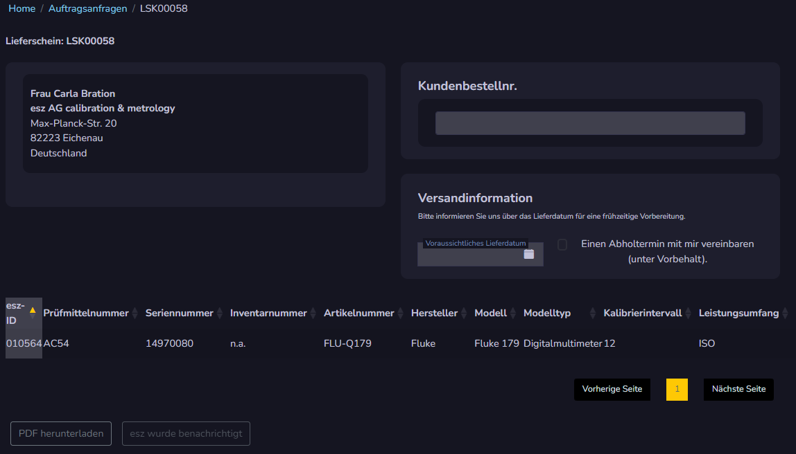 Detailansicht zum Lieferschein.