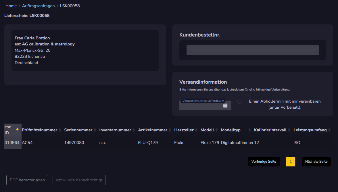 Detailansicht für einen Lieferschein.