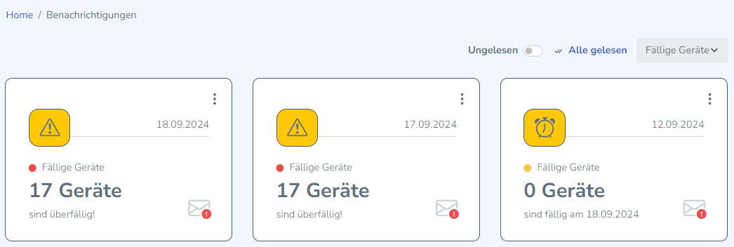 Übersicht der Benachrichtigungen in Kartenform.
