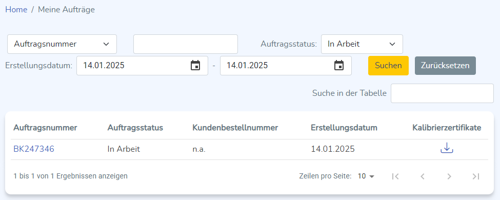Meine Aufträge mit Ergebnistabelle