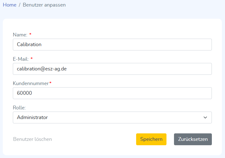Seite zur Bearbeitung eines ausgewählten Benutzers oder Administrators.
