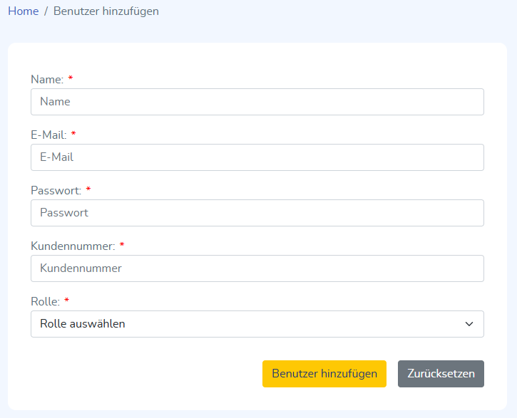 Seite zur Anlage eines neuen Benutzers oder Administrators.