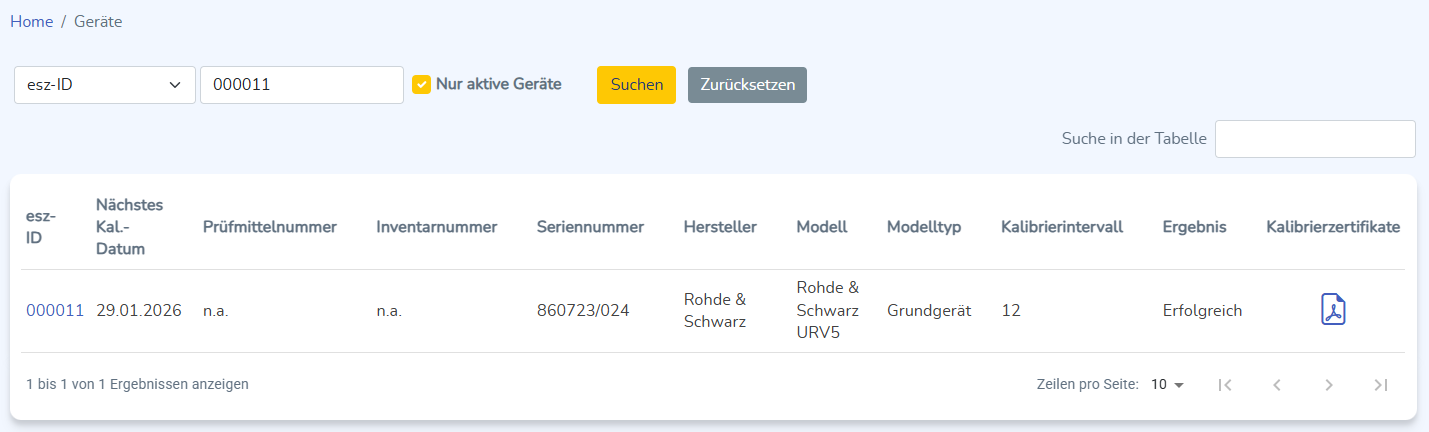Gerätesuche mit Ergebnistabelle