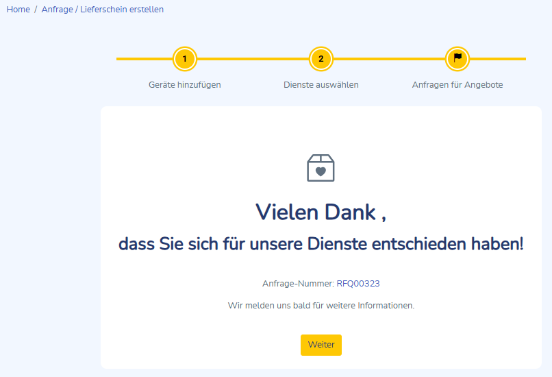 Letzter Schritt der Angebotserstellung, Anfragen für Angebote mit Anfrage-Nummer ist hier angegeben.