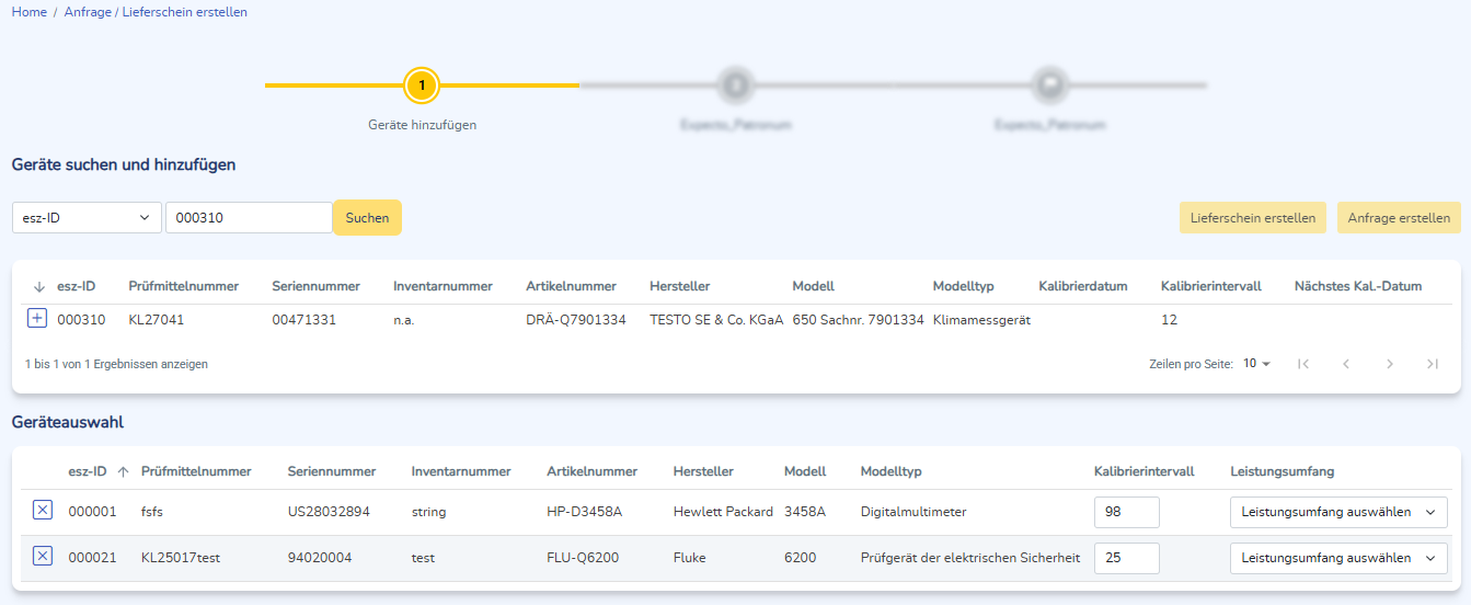 Geräte suchen und auswählen für neue Aufträge.