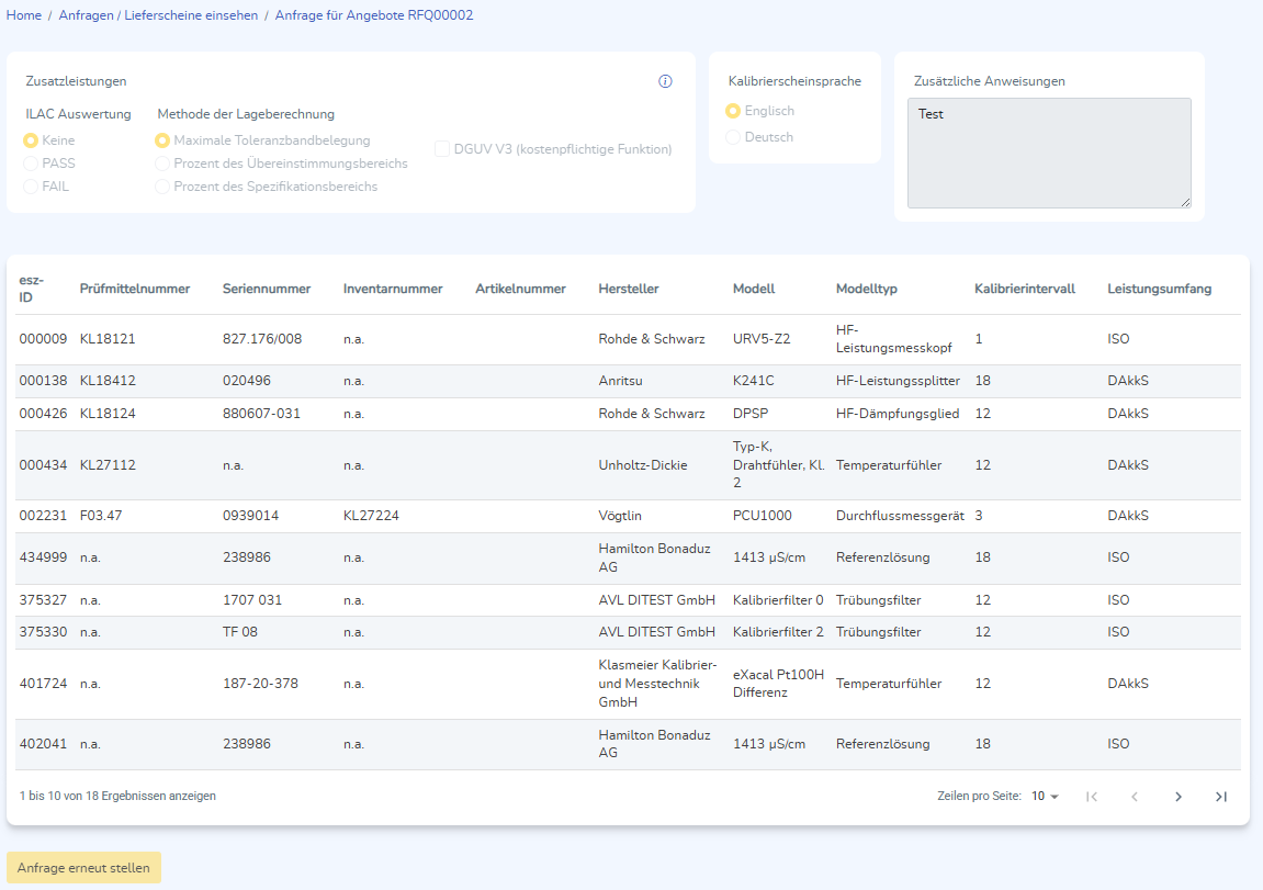 Detailansicht für eine Anfrage für Angebot.