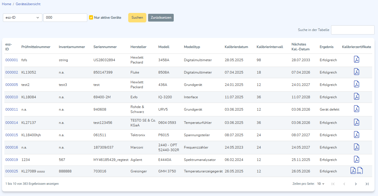 Kalibrierzertifikatsuche mit Ergebnistabelle