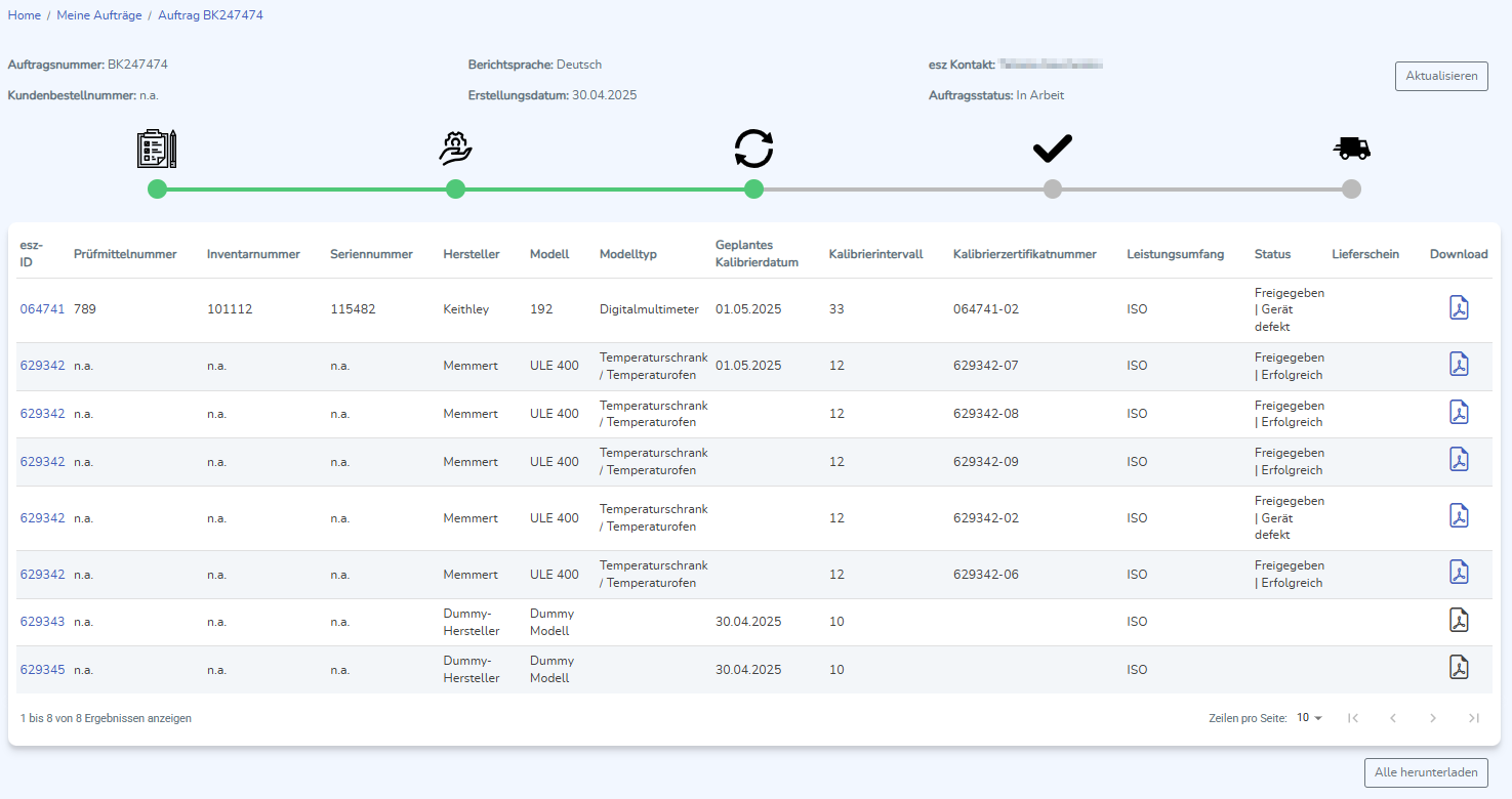 Auftragsdetails mit Auftragspositionen in einer Tabelle