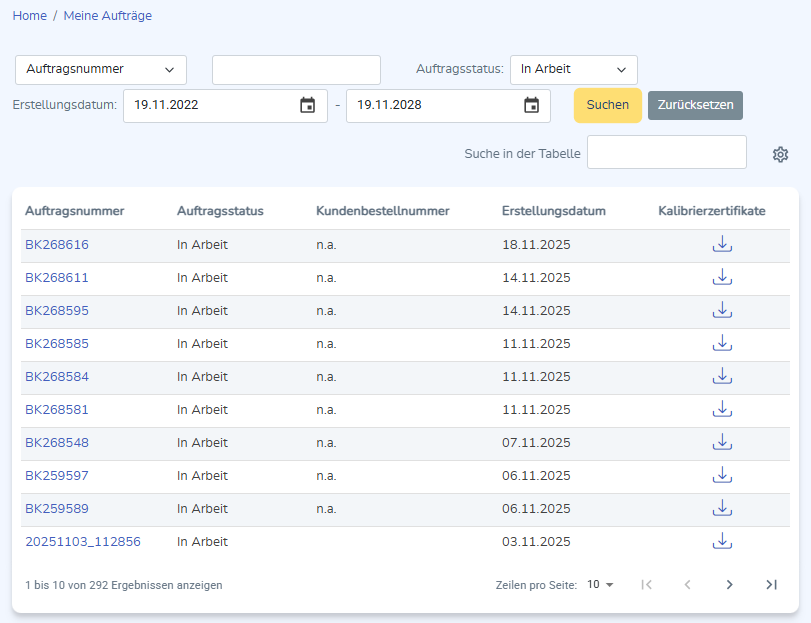 Meine Aufträge mit Ergebnistabelle
