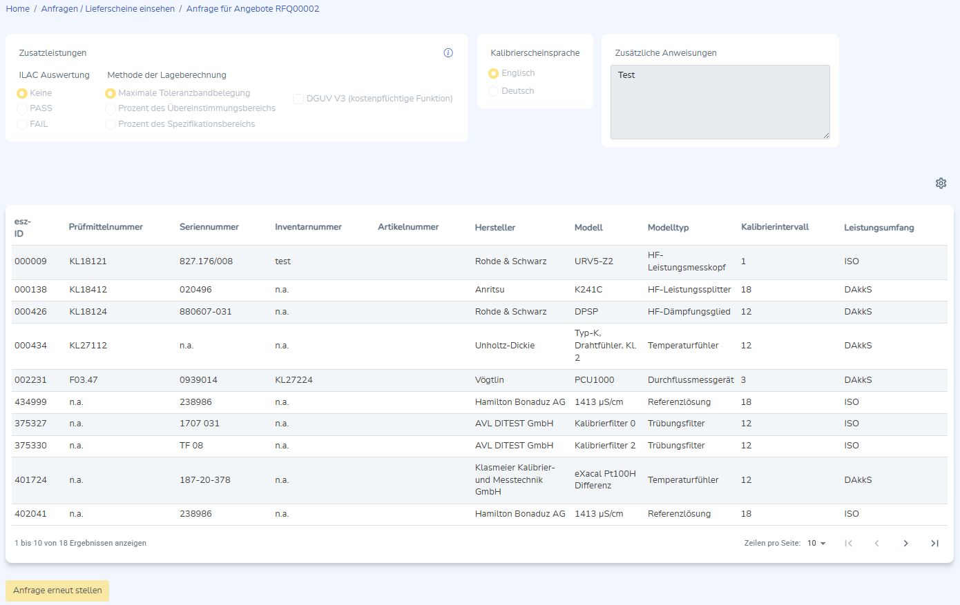 Detailansicht für eine Anfrage für Angebot.