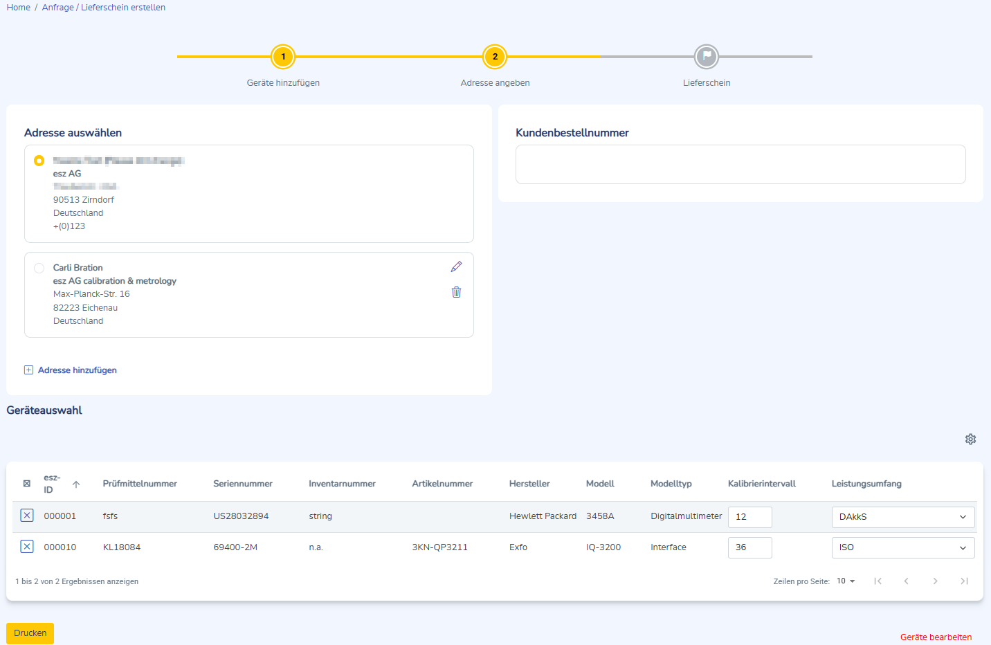 Schritt zwei zur Anlage eines Lieferscheines
