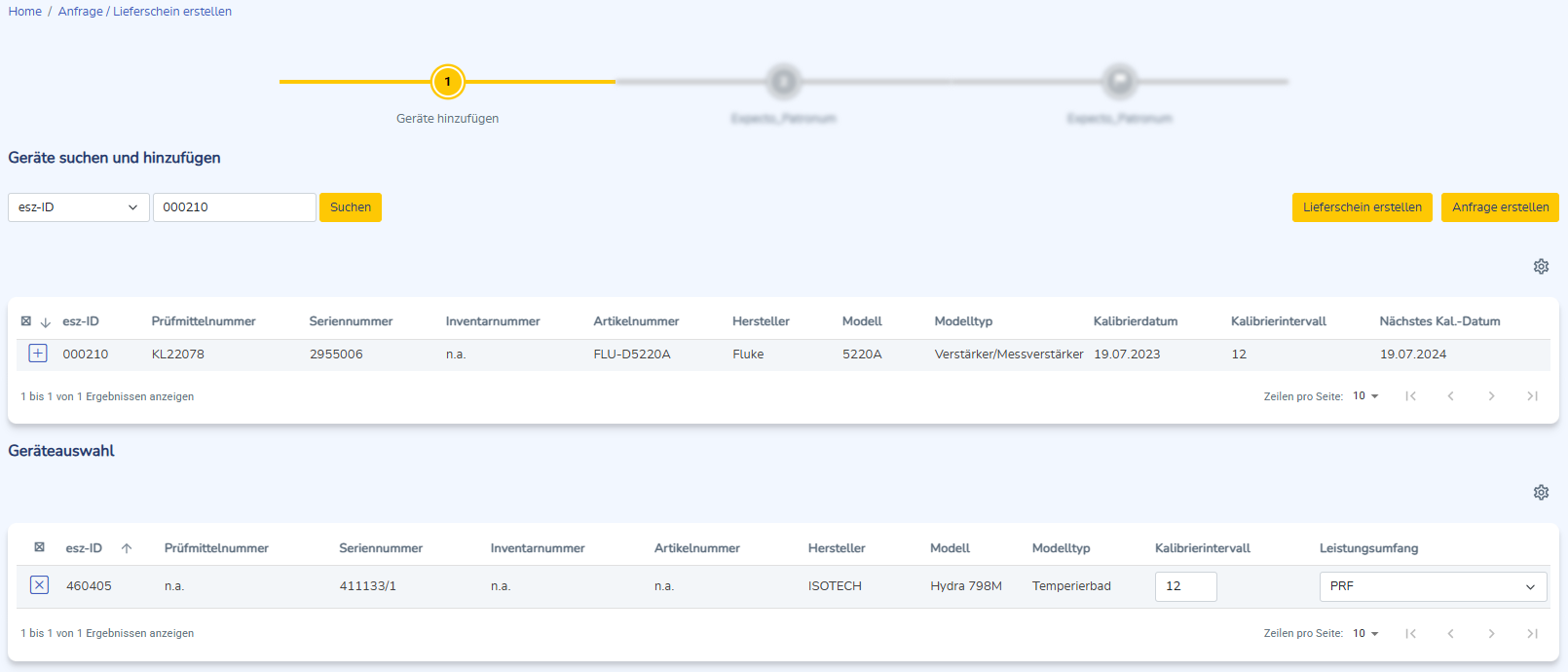 Geräte suchen und auswählen für neue Aufträge.