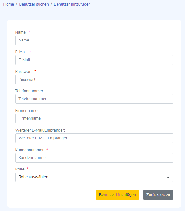 Seite zur Anlage eines neuen Benutzers oder Administrators.