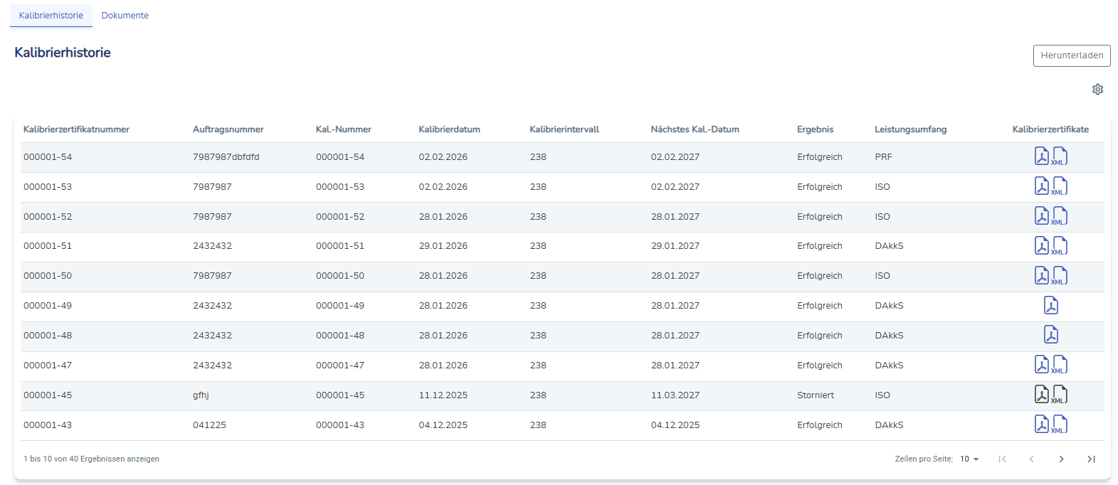 Reiter Kalibrierhistorie in der Ansicht Gerätedetails.