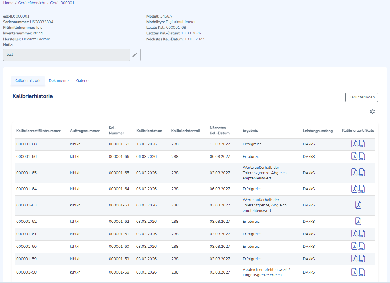 Ansicht Gerätedetails mit Kalibrierhistorie und Dokumenten.