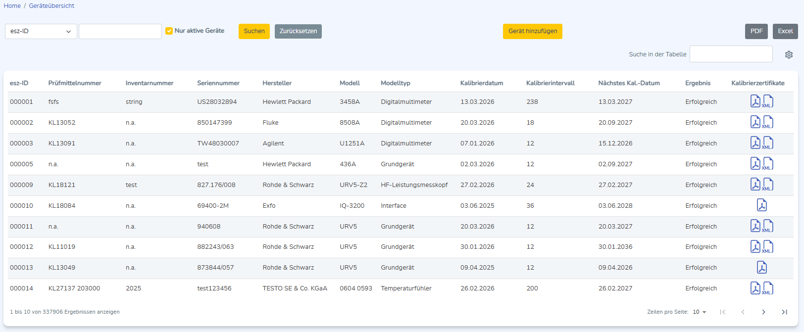 Kalibrierzertifikatsuche mit Ergebnistabelle