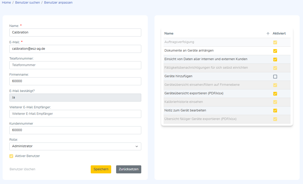 Seite zur Bearbeitung eines ausgewählten Benutzers oder Administrators.