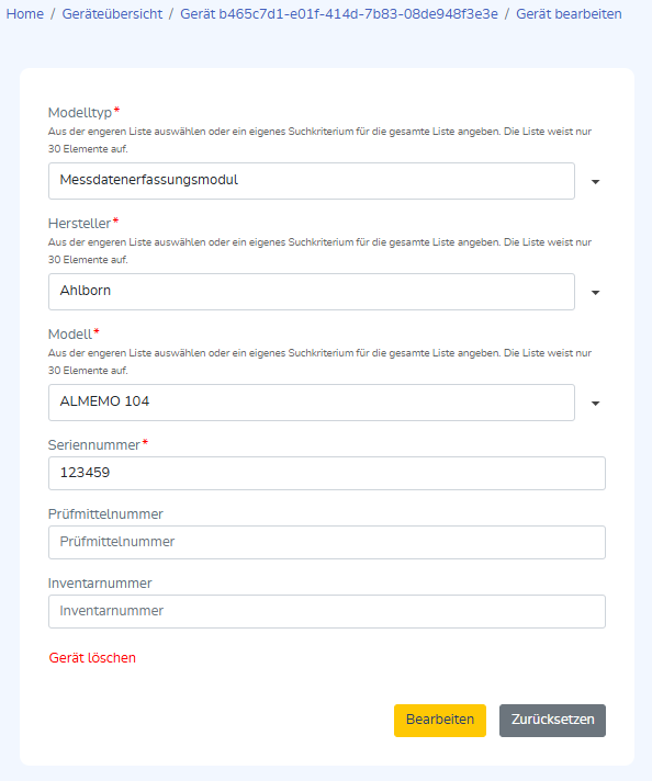 Ansicht Gerät bearbeiten
