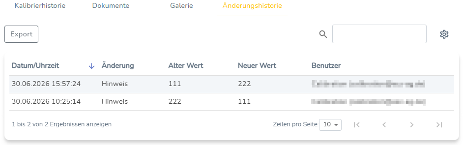Reiter Änderungshistorie in der Ansicht Gerätedetails.