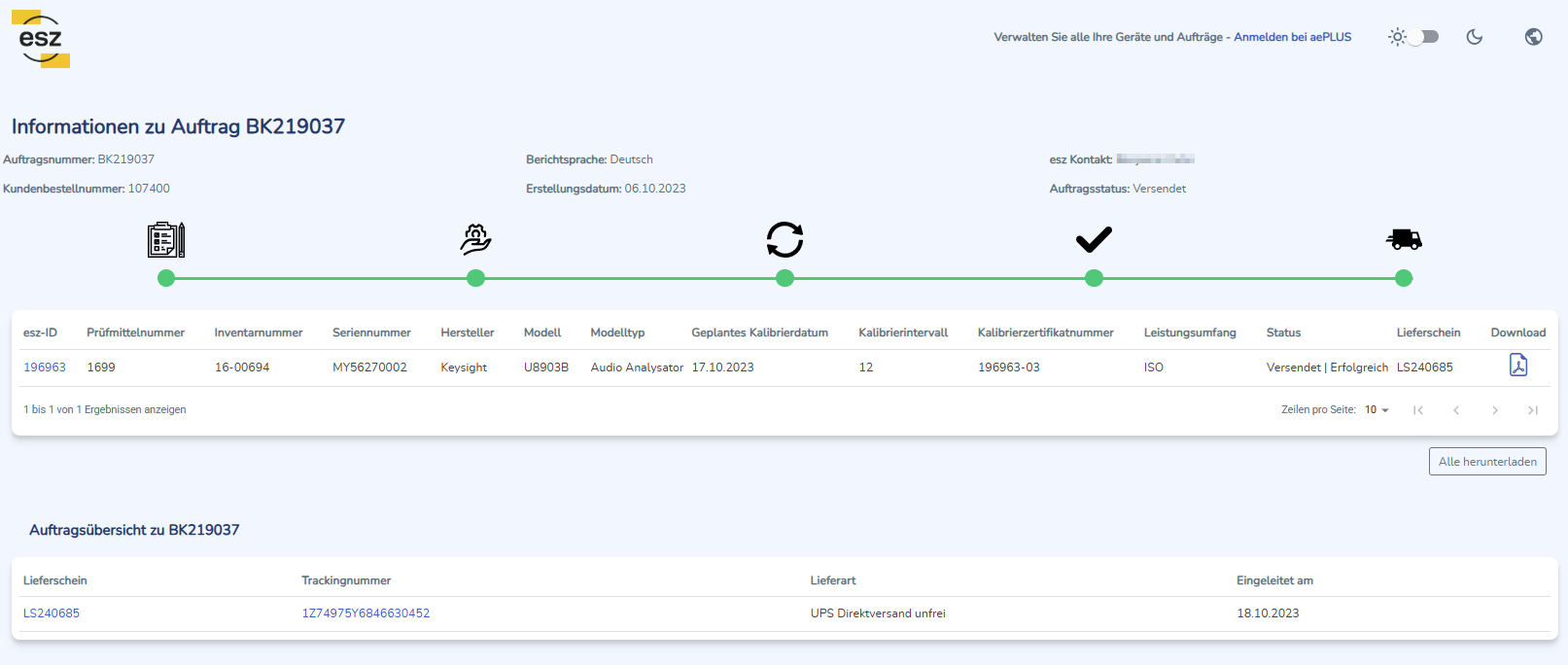 Auftragsdetails mit Auftragspositionen und Versandinformationen in einer Tabelle ohne Anmeldung