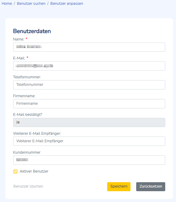 Ansicht Benutzer anpassen - Bereich Benutzerdaten