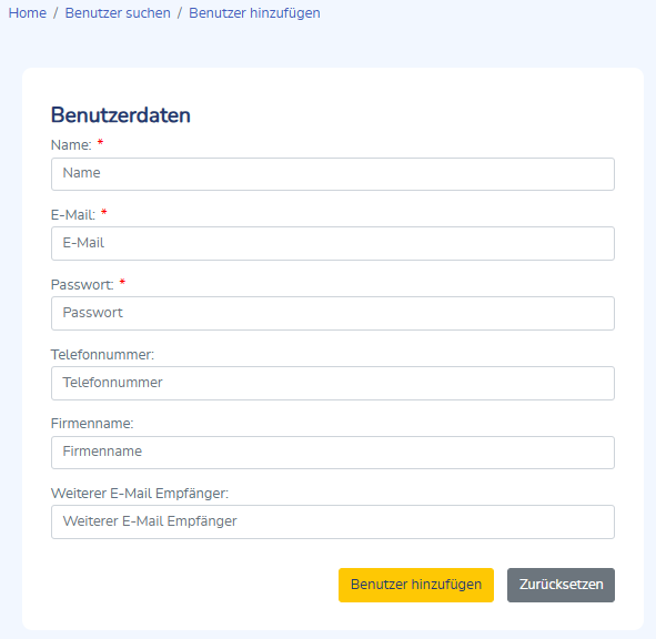 Seite zur Anlage eines neuen Benutzers oder Administrators.
