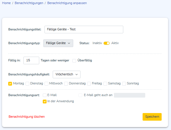 Benachrichtigung bearbeiten und auch löschen sind hier möglich.