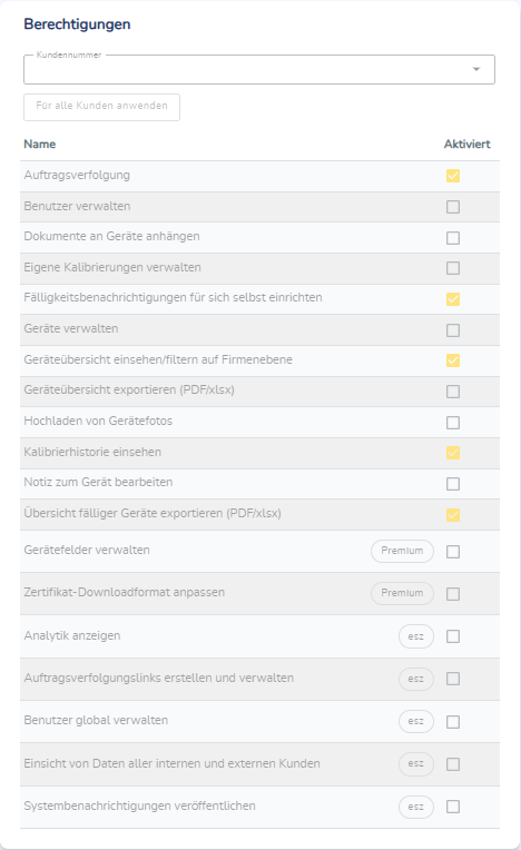 Bereich Berechtigungen in der Ansicht Benutzer hinzufügen oder Benutzer bearbeiten