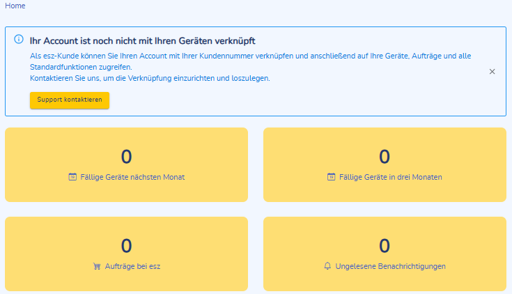 Startseite mit Banner für Benutzer ohne Kundenzuordnung