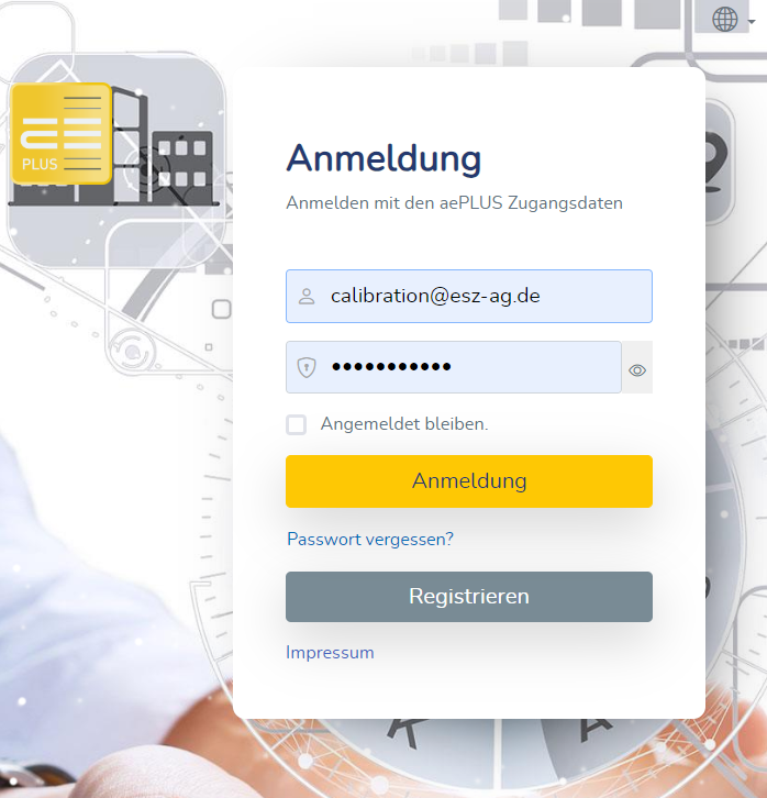 Anmeldeansicht rechts, Sprache kann ausgewählt werden.