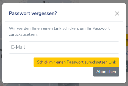 Fenster zur Eingabe der E-Mail, um die Passwort zurücksetzen E-Mail zu erhalten