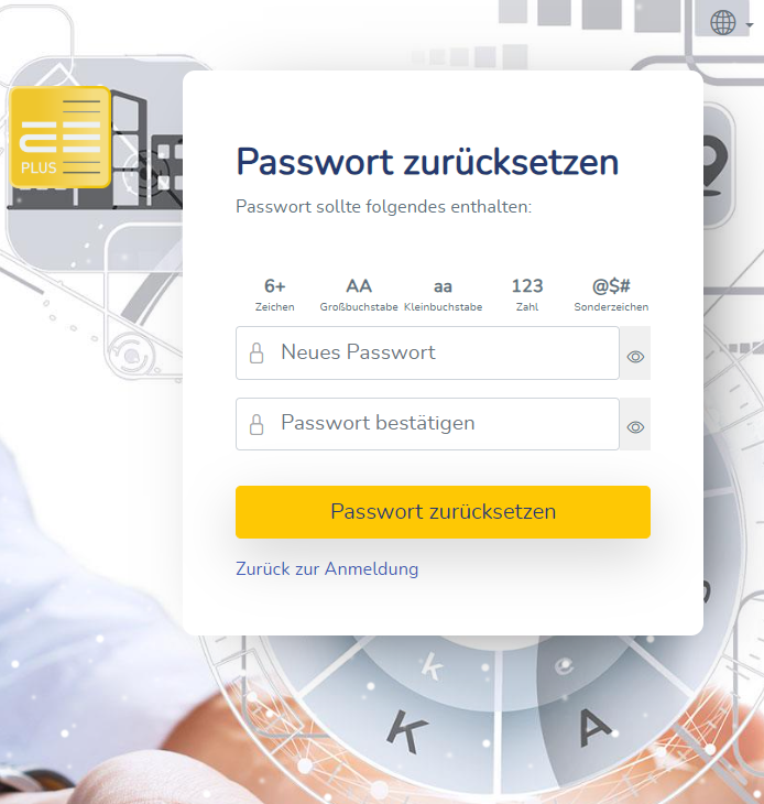 Seite zur Eingabe eines neuen Passwortes mit anschließender Bestätigung