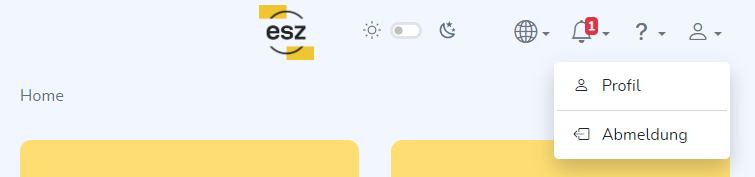 Kopfzeile mit Logo, Symbolen und Benachrichtigung.