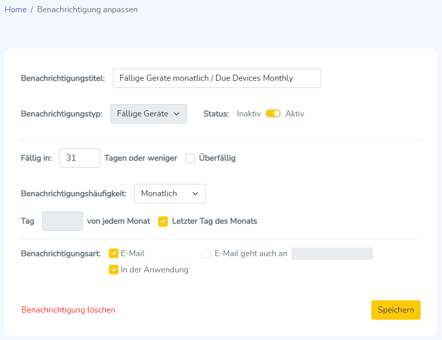 Benachrichtigung bearbeiten und auch löschen sind hier möglich.